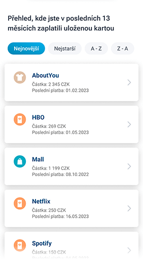 přehled obchodů s uloženou kartou
